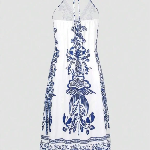 Elegant Blue and White Halter Maxi Dress - Picture 2 of 4